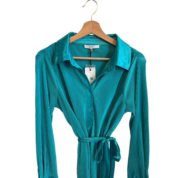 Ro & De Teal Collared Button-Up Pleated Mini Shirt Dress Women's Size L - Picture 3 of 4